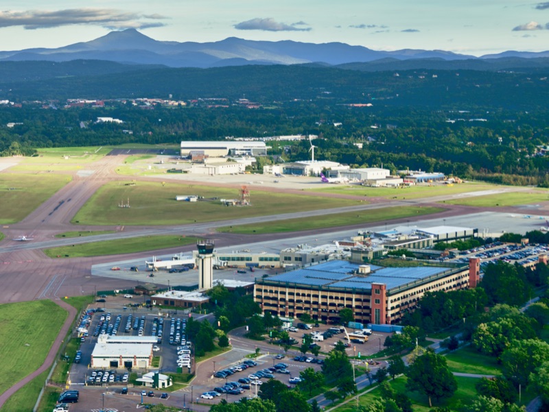 Aerial view of the airport green roof and runways
