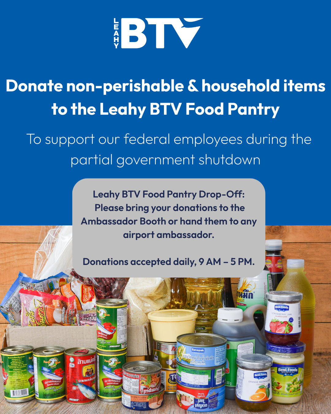 Leahy BTV Accepting Food Pantry Donations Amid Partial Government Shutdown